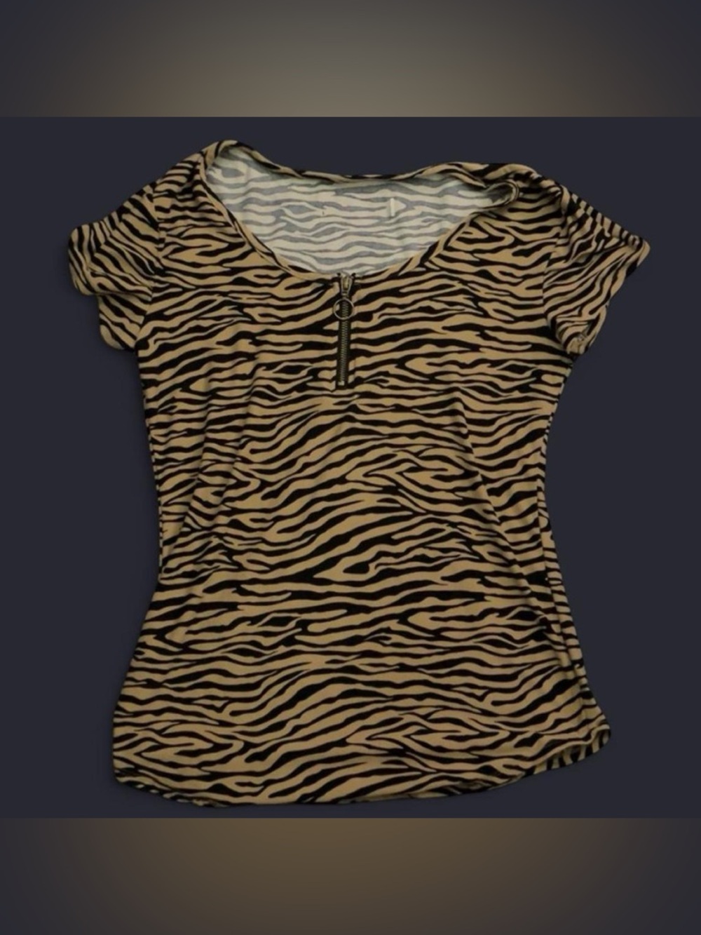 Beige Zebra Print Short Sleeve Top with Front Zip